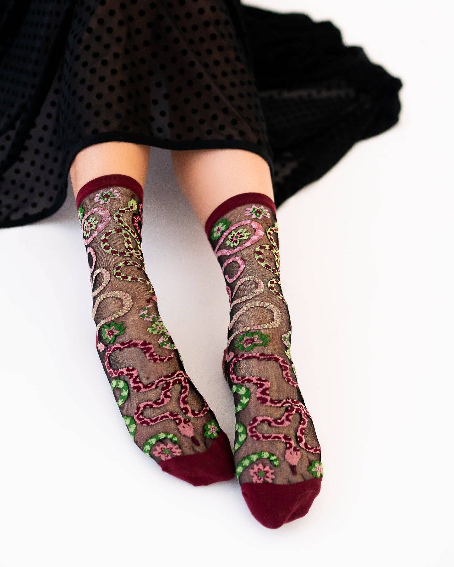 Serpentine Floral Black Sheer Crew Sock